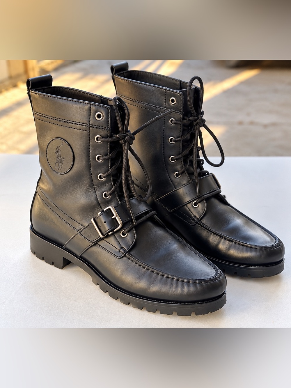 Polo Ralph Lauren Men’s 12D Black Leather Combat Moto Boots Buckle Lug Sole